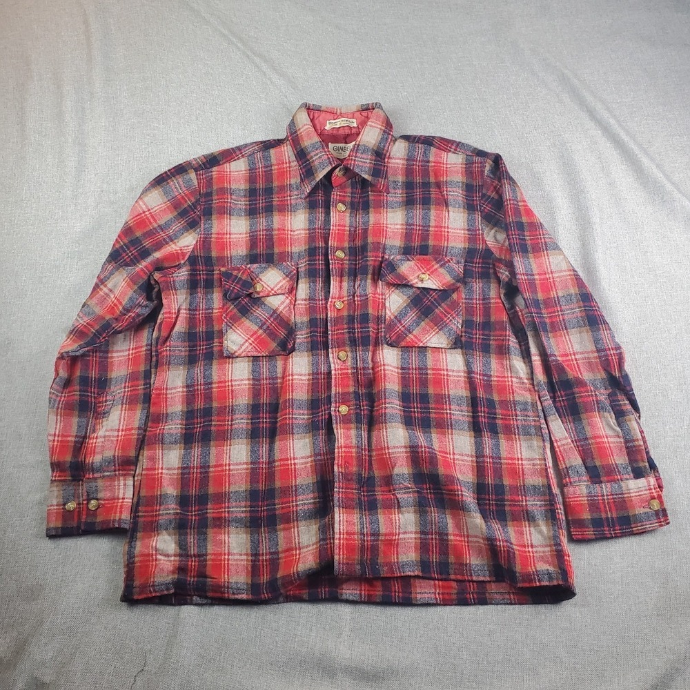 Vintage Gimbles Shirt Mens Large Plaid Wool Blend Button Up Long Sleeve Pockets